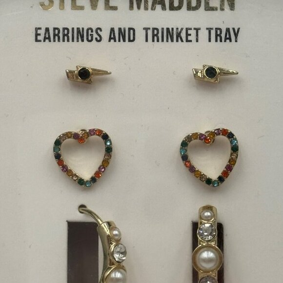 Steve Madden 3 Pair Earrings & Trinket Tray Gift Set Multicolor & Pearl Accents - Picture 3 of 4